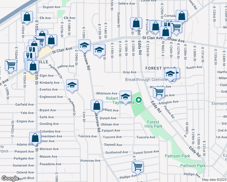 map of restaurants, bars, coffee shops, grocery stores, and more near 11509 Hopkins Avenue in Cleveland