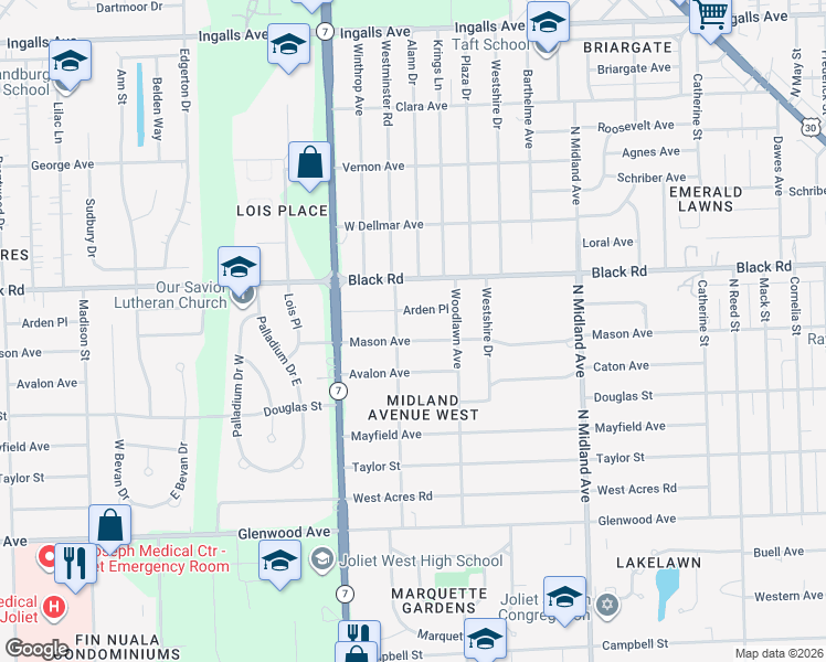 map of restaurants, bars, coffee shops, grocery stores, and more near 1614 Mason Avenue in Joliet