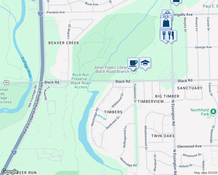 map of restaurants, bars, coffee shops, grocery stores, and more near 712 Westridge Road in Joliet