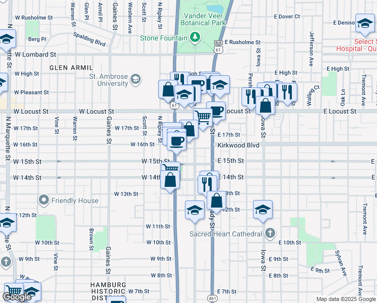 map of restaurants, bars, coffee shops, grocery stores, and more near 1504 North Main Street in Davenport