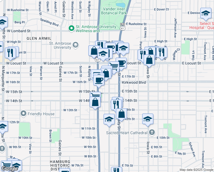 map of restaurants, bars, coffee shops, grocery stores, and more near 205 West 16th Street in Davenport