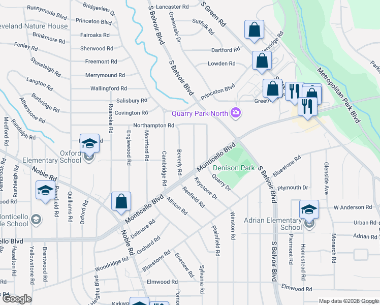 map of restaurants, bars, coffee shops, grocery stores, and more near 925 Beverly Road in Cleveland Heights