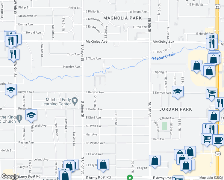 map of restaurants, bars, coffee shops, grocery stores, and more near 242 East Kenyon Avenue in Des Moines