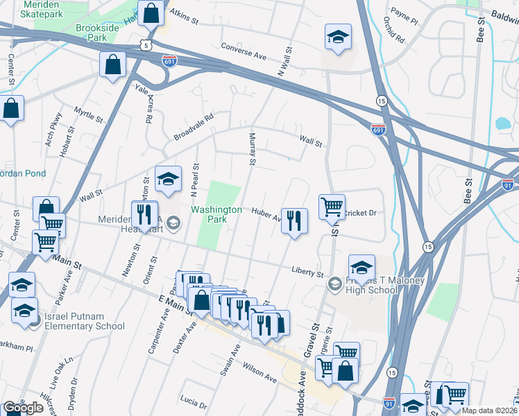 map of restaurants, bars, coffee shops, grocery stores, and more near 188 Sunset Avenue in Meriden