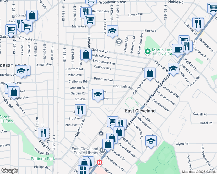 map of restaurants, bars, coffee shops, grocery stores, and more near 14208 Scioto Avenue in East Cleveland