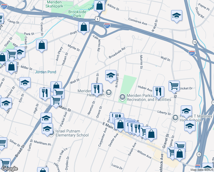 map of restaurants, bars, coffee shops, grocery stores, and more near 64 North Pearl Street in Meriden