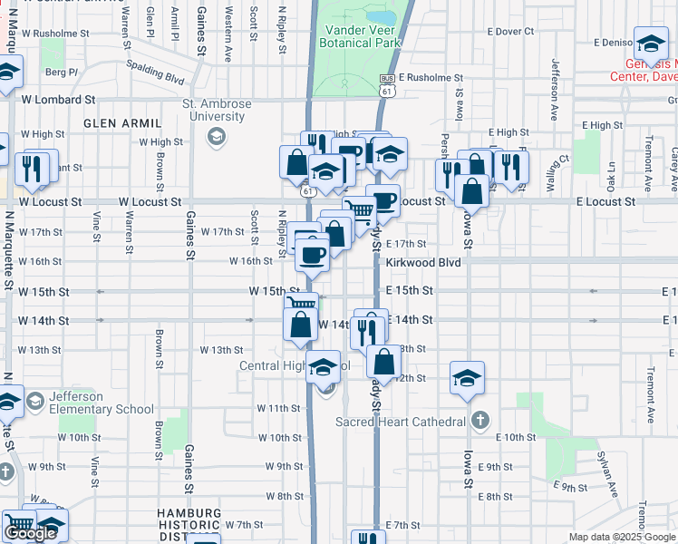 map of restaurants, bars, coffee shops, grocery stores, and more near 205 West 16th Street in Davenport