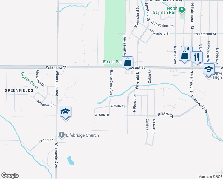 map of restaurants, bars, coffee shops, grocery stores, and more near 1702 Eagles Crest Avenue in Davenport