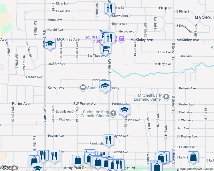 map of restaurants, bars, coffee shops, grocery stores, and more near 5209 Southwest 9th Street in Des Moines