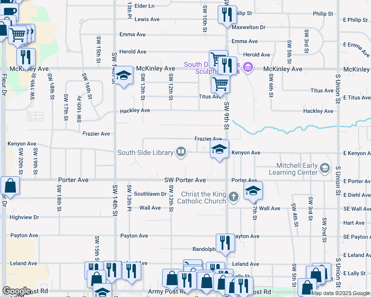 map of restaurants, bars, coffee shops, grocery stores, and more near 1121 Frazier Avenue in Des Moines