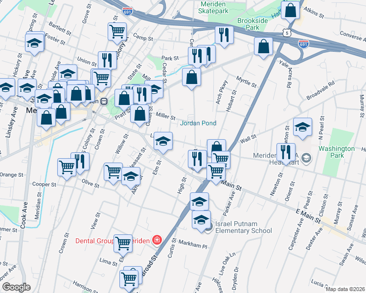 map of restaurants, bars, coffee shops, grocery stores, and more near 86 Liberty Street in Meriden