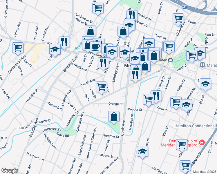 map of restaurants, bars, coffee shops, grocery stores, and more near 85 Linsley Avenue in Meriden