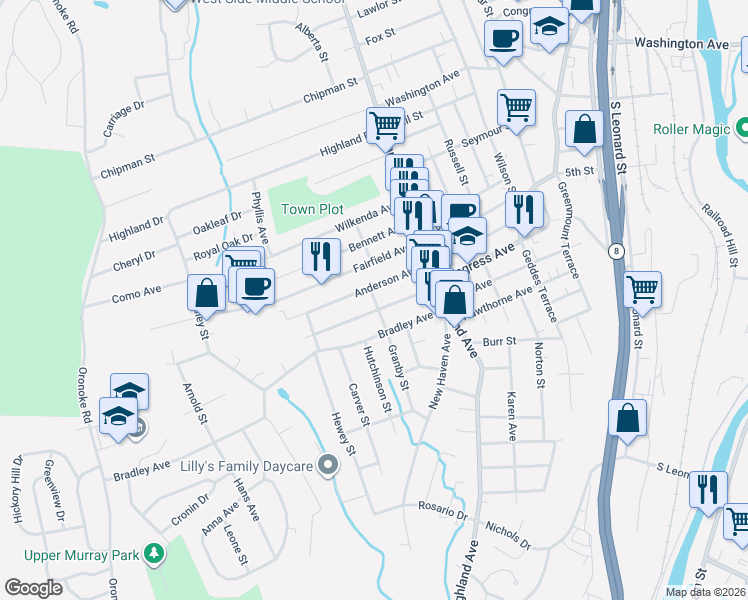 map of restaurants, bars, coffee shops, grocery stores, and more near 84 Anderson Avenue in Waterbury
