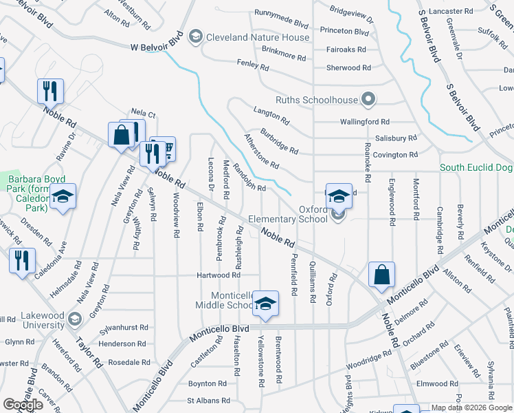 map of restaurants, bars, coffee shops, grocery stores, and more near 887 Clarence Road in Cleveland Heights