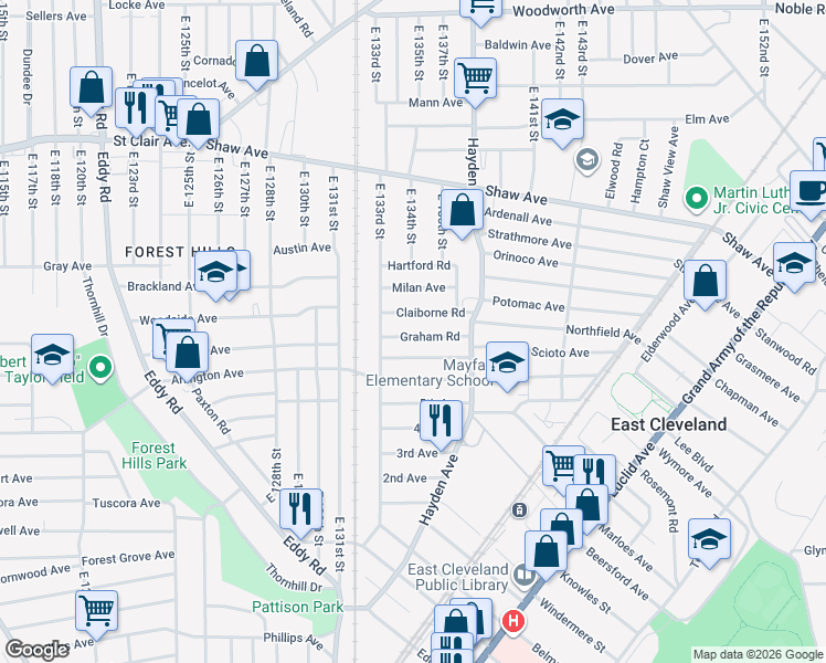 map of restaurants, bars, coffee shops, grocery stores, and more near 13401 Claiborne Road in East Cleveland