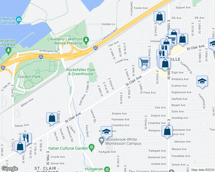 map of restaurants, bars, coffee shops, grocery stores, and more near 743 East 92nd Street in Cleveland