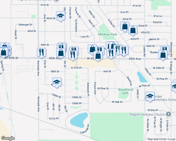 map of restaurants, bars, coffee shops, grocery stores, and more near 3125 97th Pl in Highland