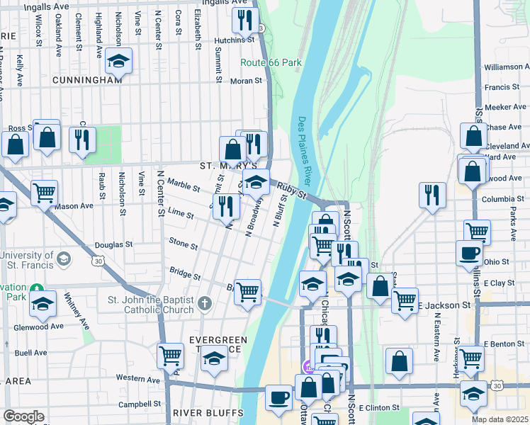 map of restaurants, bars, coffee shops, grocery stores, and more near in Joliet