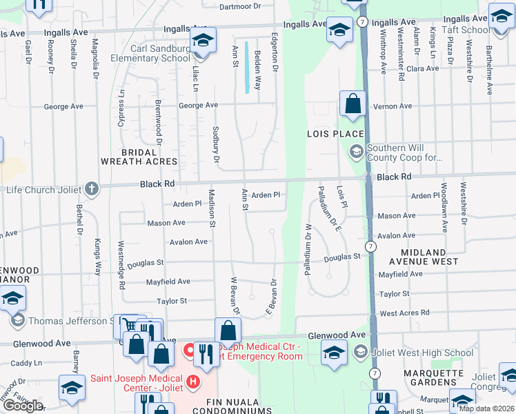 map of restaurants, bars, coffee shops, grocery stores, and more near 2013 Arden Place in Joliet