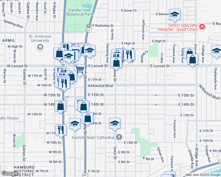 map of restaurants, bars, coffee shops, grocery stores, and more near 1702 Iowa Street in Davenport
