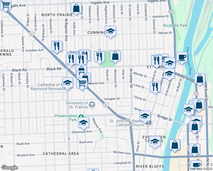 map of restaurants, bars, coffee shops, grocery stores, and more near 704 Raub Street in Joliet