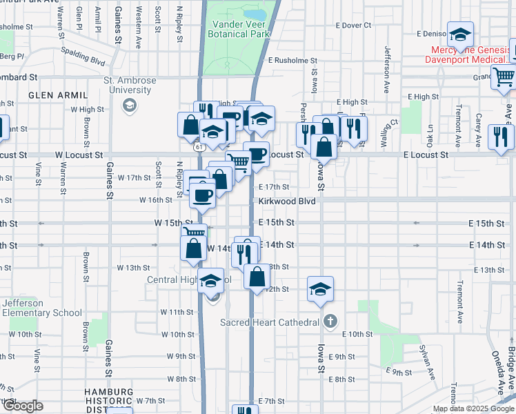 map of restaurants, bars, coffee shops, grocery stores, and more near North Brady Street in Davenport