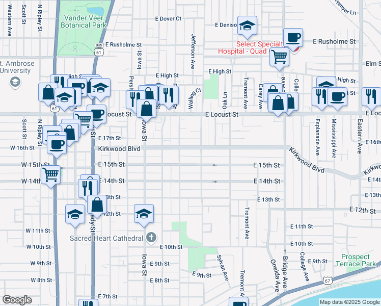 map of restaurants, bars, coffee shops, grocery stores, and more near 623 Kirkwood Boulevard in Davenport