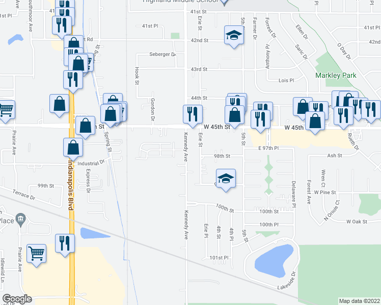 map of restaurants, bars, coffee shops, grocery stores, and more near 9743 Kennedy Avenue in Highland