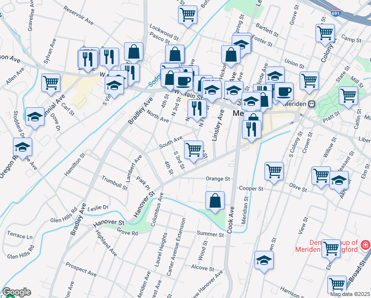 map of restaurants, bars, coffee shops, grocery stores, and more near 50 South 2nd Street in Meriden