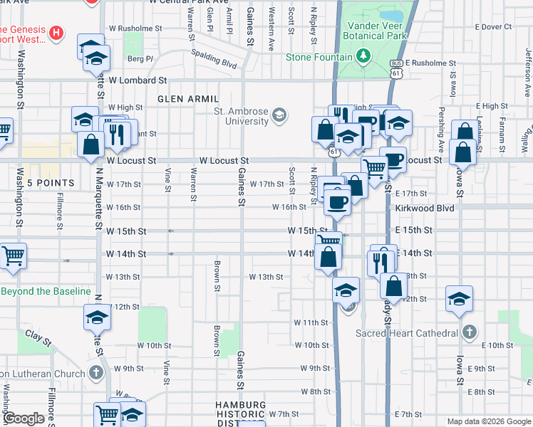 map of restaurants, bars, coffee shops, grocery stores, and more near 614 West 16th Street in Davenport