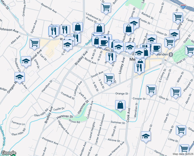 map of restaurants, bars, coffee shops, grocery stores, and more near 48 South Avenue in Meriden