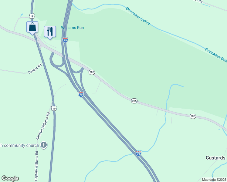 map of restaurants, bars, coffee shops, grocery stores, and more near 17857 Pennsylvania 285 in Cochranton