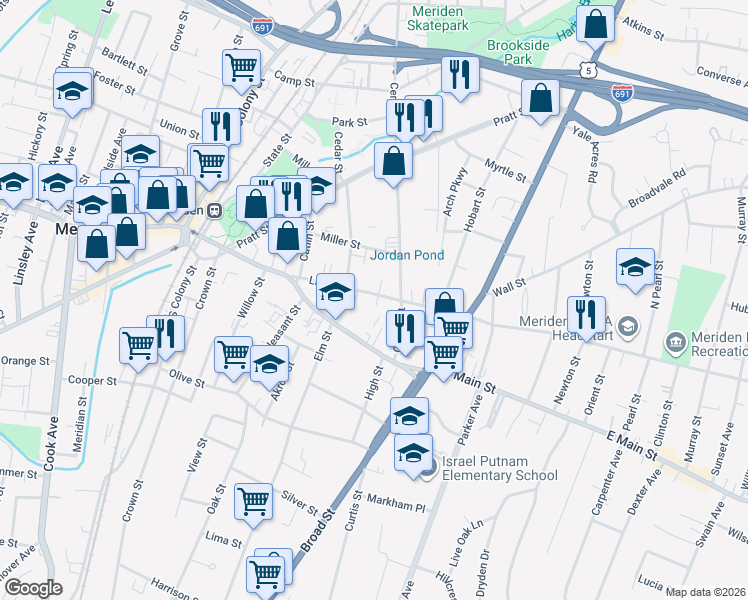 map of restaurants, bars, coffee shops, grocery stores, and more near 86 Liberty Street in Meriden