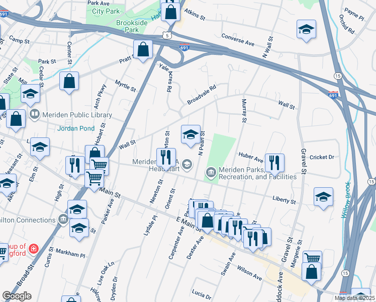 map of restaurants, bars, coffee shops, grocery stores, and more near 64 North Pearl Street in Meriden