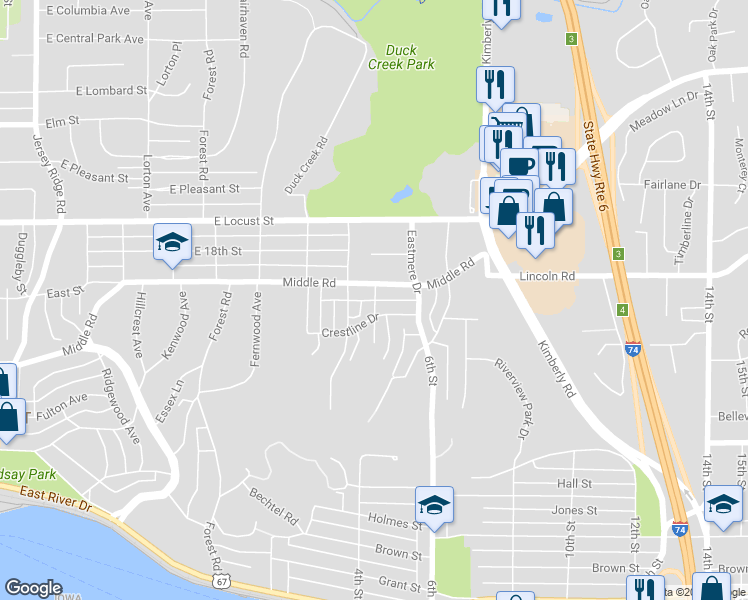 map of restaurants, bars, coffee shops, grocery stores, and more near 1660 Elmore Avenue in Davenport