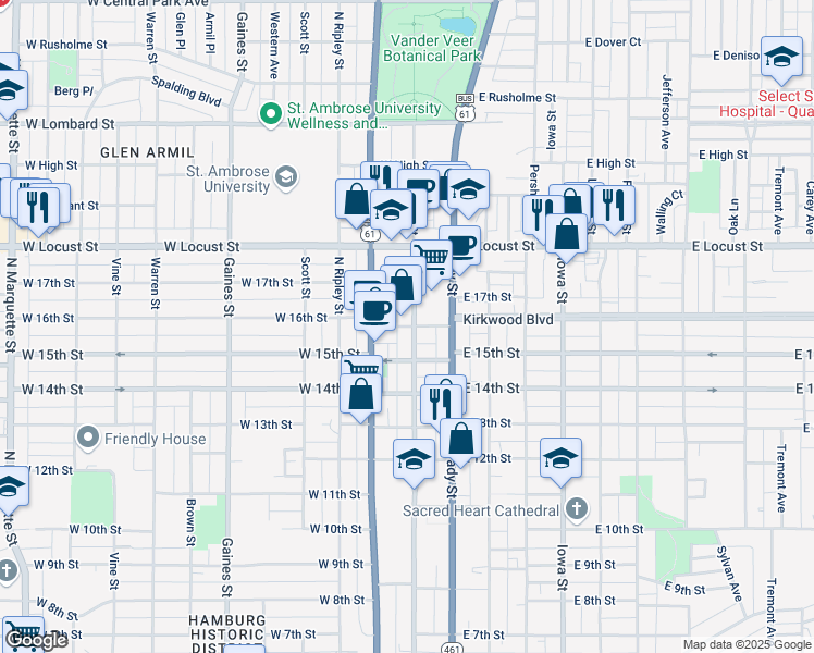 map of restaurants, bars, coffee shops, grocery stores, and more near 216 West 16th Street in Davenport