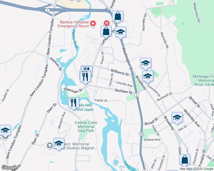 map of restaurants, bars, coffee shops, grocery stores, and more near 37 Lincoln Avenue in Norwich