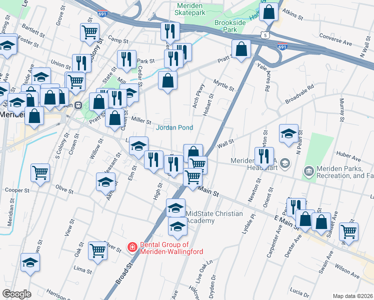 map of restaurants, bars, coffee shops, grocery stores, and more near 144 Arch Parkway in Meriden
