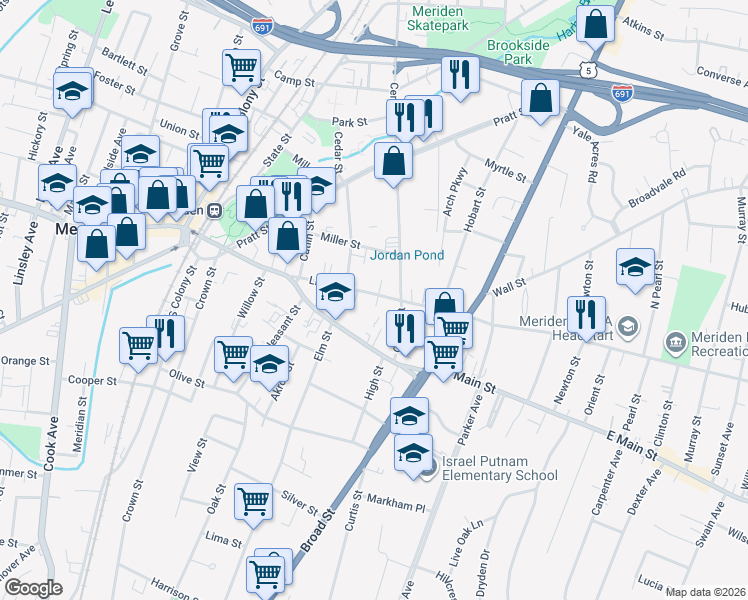 map of restaurants, bars, coffee shops, grocery stores, and more near 86 Liberty Street in Meriden