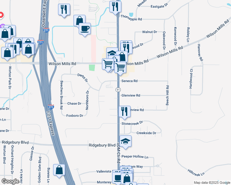map of restaurants, bars, coffee shops, grocery stores, and more near 6628 Aintree Park Drive in Mayfield