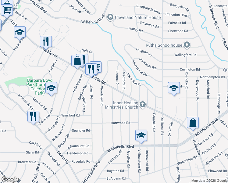 map of restaurants, bars, coffee shops, grocery stores, and more near in Cleveland Heights