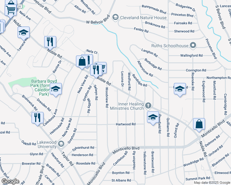 map of restaurants, bars, coffee shops, grocery stores, and more near in Cleveland Heights