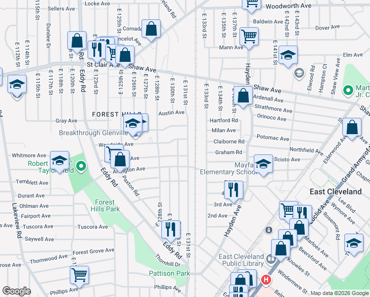 map of restaurants, bars, coffee shops, grocery stores, and more near 13003 Woodside Avenue in Cleveland