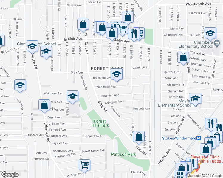 map of restaurants, bars, coffee shops, grocery stores, and more near 749 East 125th Street in Cleveland