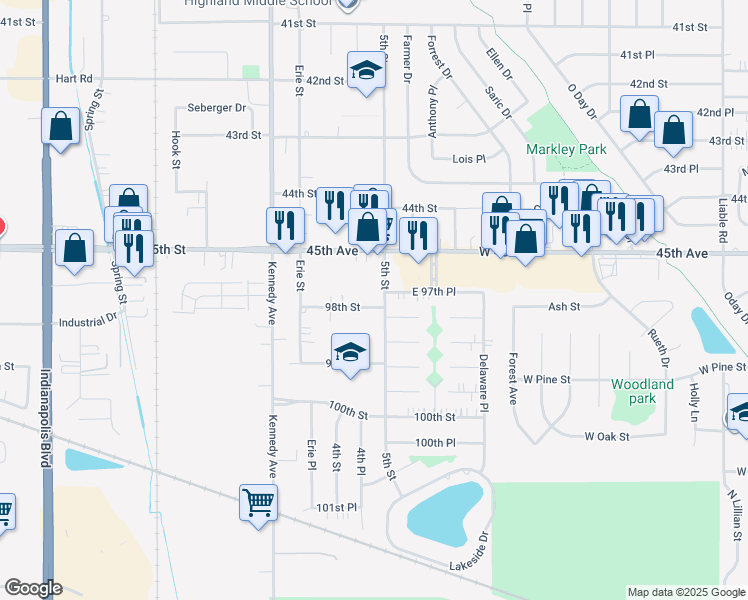 map of restaurants, bars, coffee shops, grocery stores, and more near 9738 5th Street in Highland