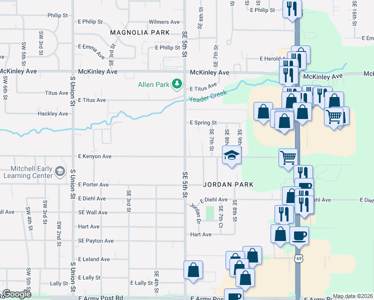 map of restaurants, bars, coffee shops, grocery stores, and more near 5209 Southeast 5th Street in Des Moines