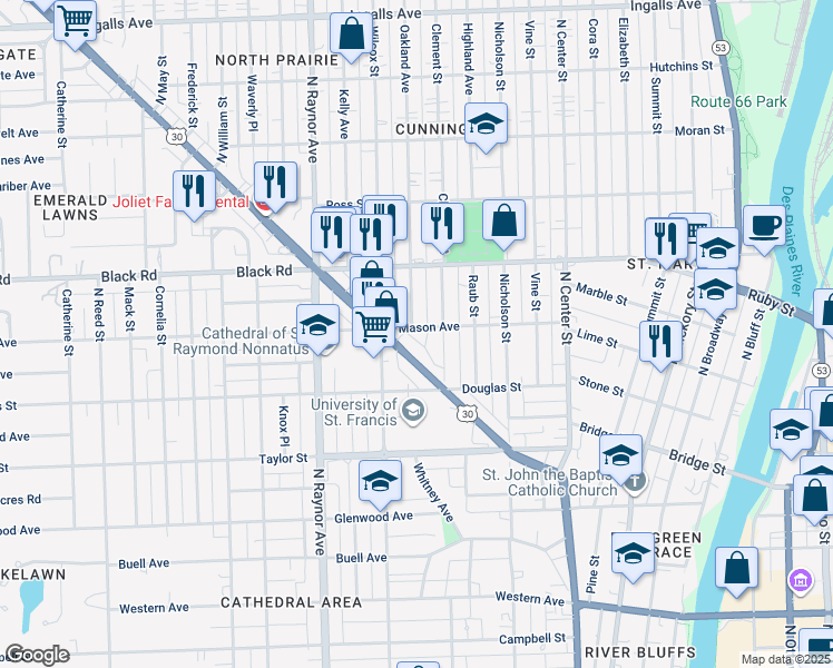 map of restaurants, bars, coffee shops, grocery stores, and more near 610 Mason Avenue in Joliet
