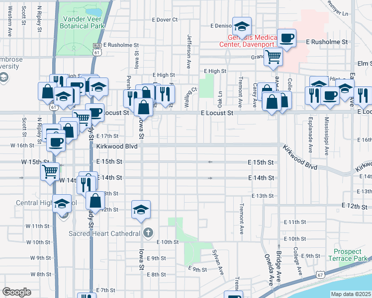 map of restaurants, bars, coffee shops, grocery stores, and more near 623 Kirkwood Boulevard in Davenport
