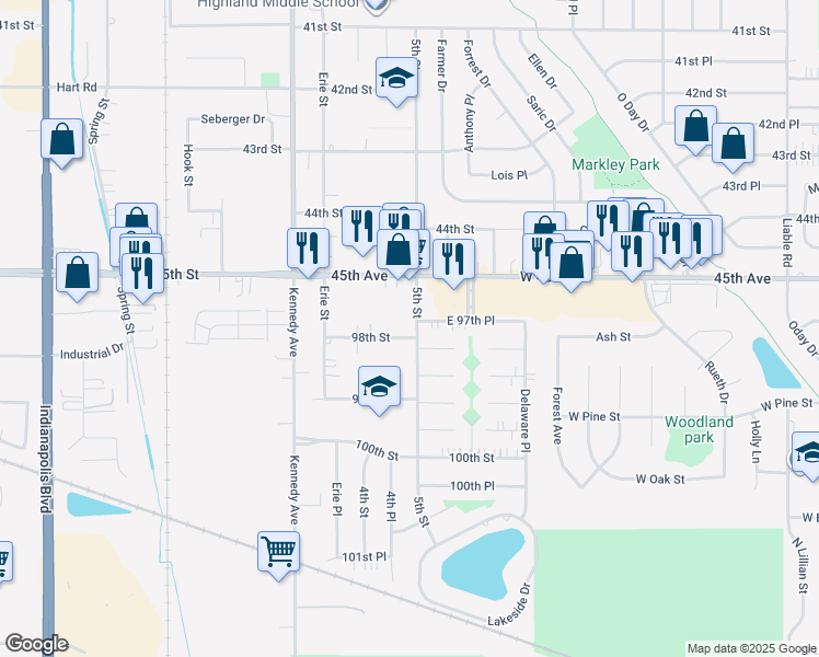 map of restaurants, bars, coffee shops, grocery stores, and more near 9738 5th Street in Highland