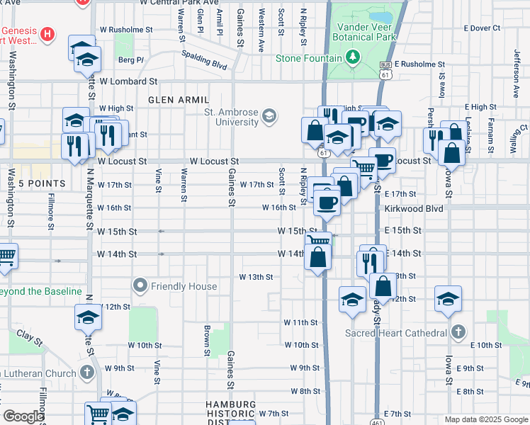map of restaurants, bars, coffee shops, grocery stores, and more near 523 West 16th Street in Davenport